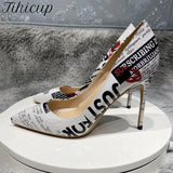 Newspaper Printed Women Patent Pointy Toe High Heel Shoes Fashion Designer Ladies Slip On Stiletto Pumps 8cm 10cm