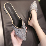 Women's Slippers and Ladies Sandals Crystals Slides Pointed Toe Shoes Mules Summer 2023 with Heel Low Jewels Rhenstone