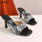 Women's Summer Mules Shoes Sexy Zebra Pattern Thin High Heels Female Sandals Party Dress Square Toe Women's Slippers Plus
