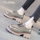 Women's Shoes British Style Chunky Platform Women Pumps 2023 Spring Lace Up Loafers Woman Round Toe Patent Leather