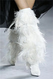 Women's High Boots Suede Cross-tied Pointed Toe Party High Heel Shoes Sexy Ostrich Feather Women's Over The Knee