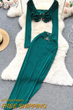 Women Sexy 2 Piece Set Fashion Streetwear Square Collar Long Sleeve Crop Top + Elastic Waist High Slit Long Skirt