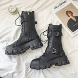 Women Mid-Calf Boots Autumn Winter Punk Genuine Leather Boots Women Zipper Cross-tied Riding Boots High Heels Shoes