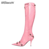 New Metal Rivet Women High Knee Boots Pointed Toe Thin Heels Designer Shoes Party Tassels Zipper-Sid Long Botas De