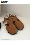 Sandals Woman Leather Velvet Shoes Low-heeled Suede Rubber PU Fretwork Flock Basic Velvet Shoes Low Sandals Woman Leather