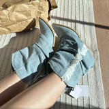 Pleated Cowgirl Boots for Women 2023 Pointed Toe Denim Mid Calf Boots Woman Fashion Thick Heels Western Botas Plus
