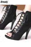 Black Lace-Up Sandals Heels 9CM Women's High Heel Shoes Trend Sexy Peep Toe Boots Fashion Cloth Stilettos Jazz Dance