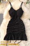 New Sexy V-neck Spaghetti Strap Sleeveless Mini Bodycon Dress Summer Women Slim Waist Drawstring Ruched Ruffles Party