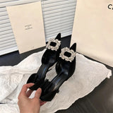 Toe Women Pumps 2023 New Arrivals Crystal Buckle Slip On Thin High Heels Black White Pink Dress Shoes Woman Size
