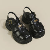 Roman Sandals Women's Summer Thick Soles And High Heels Hollowed-Out Black Leather Shoes Mary Jane Love Shoes Single
