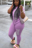 Pink Letter Print Women Two Piece Set Casual Sport Tracksuit Short Sleeve Top + Jogger Sweatpant Suit Plus Size Outfits