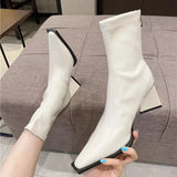 Spring Autumn New Square Head Solid Color Versatile Side Zipper High Heels Women's Outwear Fashion Boots Single Boots
