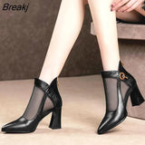Women's Boots Net Boots Square Toe High Heel Zipper Boots Sexy Black Lace-Up Square Heel Short Booties Ladies Zapatos de