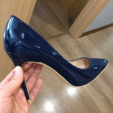 Women Navy Blue Patent Pumps Low Cut Pointy Toe Stilettos Elegant Ladies Formal Slip On High Heels Fashion Dress