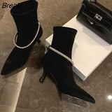 Fashion Retro Rhinestone Ring Buckle Pointed Toe Stiletto Ankle Boots Skinny Boots Stretch Boots Single Boots