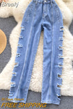 Women Jeans 2023 Summer Blue Denim Trouser High Waist Ripped Holes Straight Leg Full Length Pants Casual Street