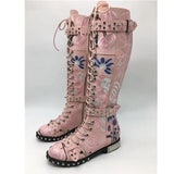 Rivets Studded Buckle Knee High Boots Women Embroidered Leather Print Flower Flat Motorcycle Boots Winter Shoes