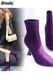 Women Ankle Boots Pointed Toe High Heel Stiletto Soft Suede Slip-on Boot Purple Black Red Cozy Botas Flock Booties
