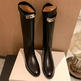 Style Women Knight Boots Buckle Strap Round Toe Flat Women High Knee Boots Slip-on Boots Female Women Shoes 2024