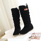 Women Lace Nubuck Flat Heels Winter Snow Boots Shoes Women's Flock Plush Padded Winter Long Riding Motorcycle Boots