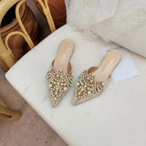 For Women 2023 Pointed Toe String Bead Shoes Lace Ladies' Slippers Pantofle Flat Cover New Slides Fabric Rome Basic