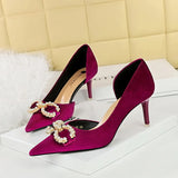 Breakj 79 Banquet Women's Shoes High Heel Suede Shallow Tip Side Hollow Water Diamond Buckle Pearl Bow Single