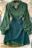Women 2 Piece Set Elegant Turn down Collar Long Sleeve Buttons Short Shirt Dress and High Waist A-line Mini Skirt