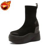 Shoes for Woman Black Elastic Women's Ankle Boots Wedges Booties Chunky Platform Footwear Sock Pu Trend 2023 Hot Sale