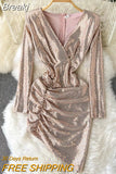 Women Sexy Party Dress V-neck Long Sleeve Irregular Mini Dress Vestidos Slim High Waist Ruched Dot Sequins Glitter Club
