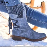 Autumn Boots Elegant Women Female Round Toe Mid-calf Sweet Princess Party Boot Stylish Flat Flock Snow Shoes Winter