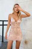 Women's Sexy V-Necked Dress High-End Temperament Cane Stitched Feathered Ass Skirt Dress