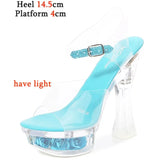Color Square Heel Women Sandals Light Up Glowing Shoes Luminous Clear Sandals Platform Shoes High Heel 15cm Transparent