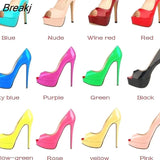 Sexy Peep Toe Platform Women Pumps 14cm Super High Patent Leather Heels Shoes Red Wedding