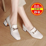 Leather Middle Heel Women Shoes Square Buckle Thick Heel Females Shoes Fashion Leisure Spring Ladies Dress Pumps Size