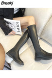 Platform Knee High Boots Slip-on Block Heel Footwear Women Thick High Heels PU Leather Shoes Fashion Spring Female