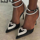 Summer Party Wedding Women Pumps Sandals Elegant Pink High Heels Stiletto Fashion Heart Shape Crystal Buckle Female