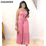 Plus Size Women Sets 4XL 5XL Fashion Bandage Crop Tops And Wide Leg Pants Ruffles Two Piece Suit Casual Outfits