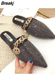 Female 2023 Metal Chain Rhinestone Shiny Bling Flat Sandals Slip-on Evening Party Slides Shoes Silver Pumps 43
