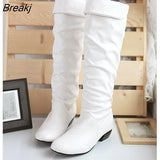 Women Leahter Knee High Boots Fashion Classic Folding Slip on Winter Autumn Casual Low Heels White Black Long Slim Boots