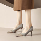 New Stitching High Heels Women's Single Shoes Pointed Thin Temperament Hollowed Out Apricot Matching Shallow