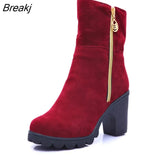 2022 Winter High Heel Boots Warm Plush Square Heels Winter Shoes Women's Boots Ladies Fashion Brand Ankle Snow Boots