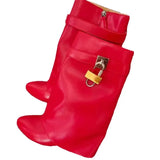 Lock Buckle Women's Mid Calf Boots Punk Style Round Toe High Heel Western Boots Luxury Designer Wedges Women's Short