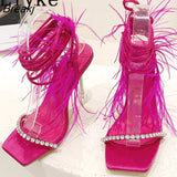 Summer Blue Tassels Feather Decor Women Crystal Transparent High Heels Sandals Sexy Open Toe Lace Up Runway Shoes