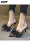 Pointed Toe High Heel Muller Slippers Woman Fashion Muller Shoes Rubber Sole Pumps Outdoor Stiletto PU Leather Party
