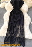 Women Sexy Black Strapless Sleeveless Party Dress Summer Fashion Slim High Waist Ruffles Mesh Lace Patchwork Midi Club