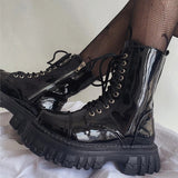 Patent Leather Punk Motorcycle Boots Women 2023 Lace Up Platform Ankle Boots Woman Thick Bottom Short Booties