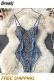 See Through Mesh Patchwork Flowers Embroidery Bodysuit Women Adjustable Spaghetti Strap Padded Lace Up Bandage Body