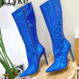 Sexy Party Nightclub Stripper Knee High Boots Female Green Smooth Patent Leather Pointed Toe Heels Women Shoes Zip