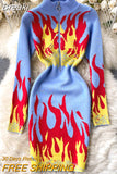 Fire Flame Print Knit Sweater Dress Women New Chic Zipper up Stand Collar Full Sleeve Sexy Party Streetwear Club