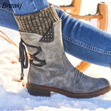Women's Martin Boots Winter 2022 Side Zipper Snow Boots Lace Up Women Shoes Size 43 Knitting Retro Ankle Boots Botas De